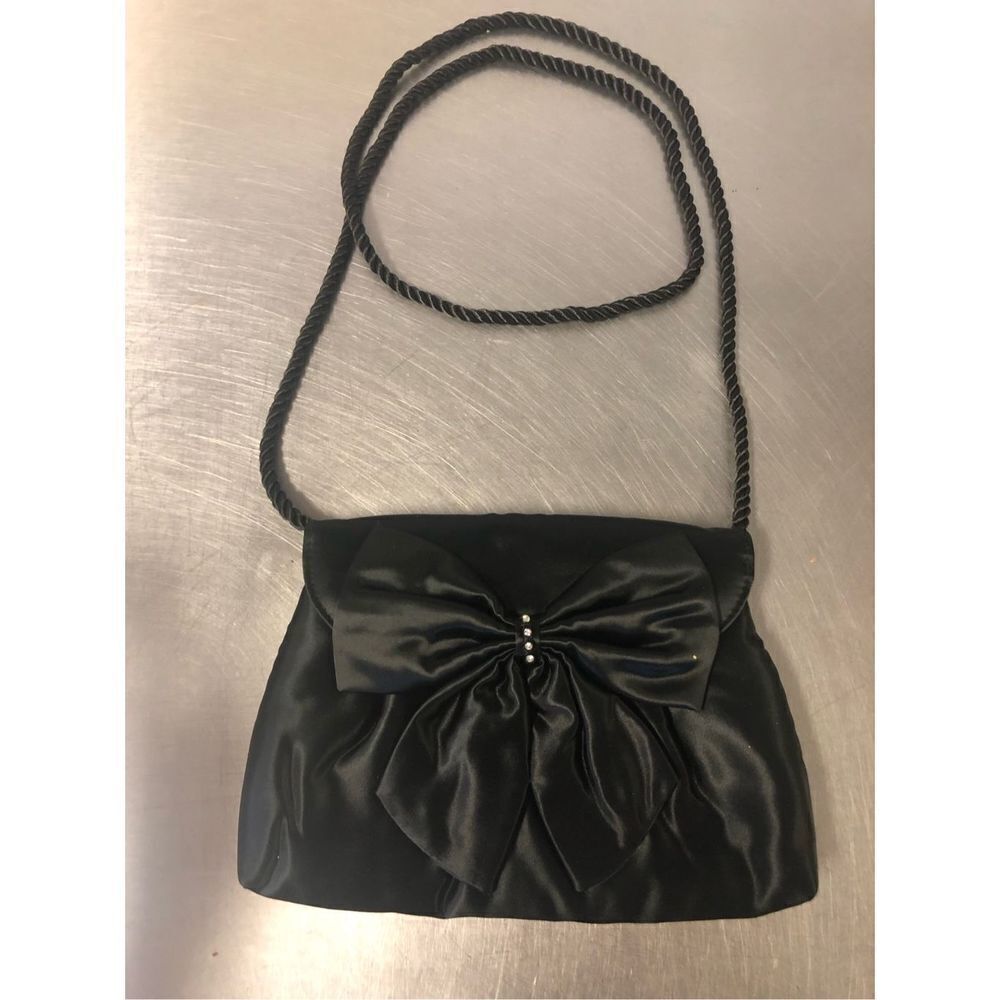 Emeraude Women’s Small Black Shoulder Evening Formal Bag with Bow and Rhinestone